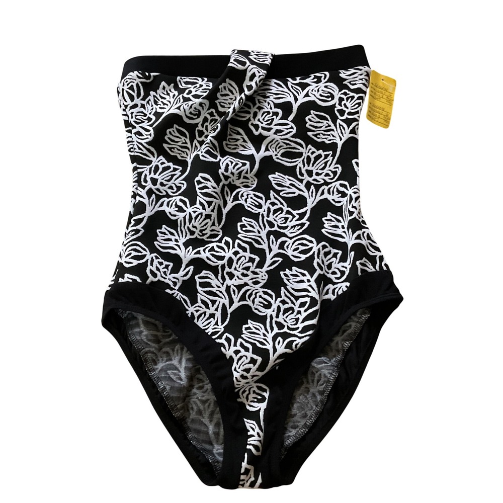 Vintage Floral Strapless One Piece Swimsuit Black White Rose Print L5467 Size‎ 8